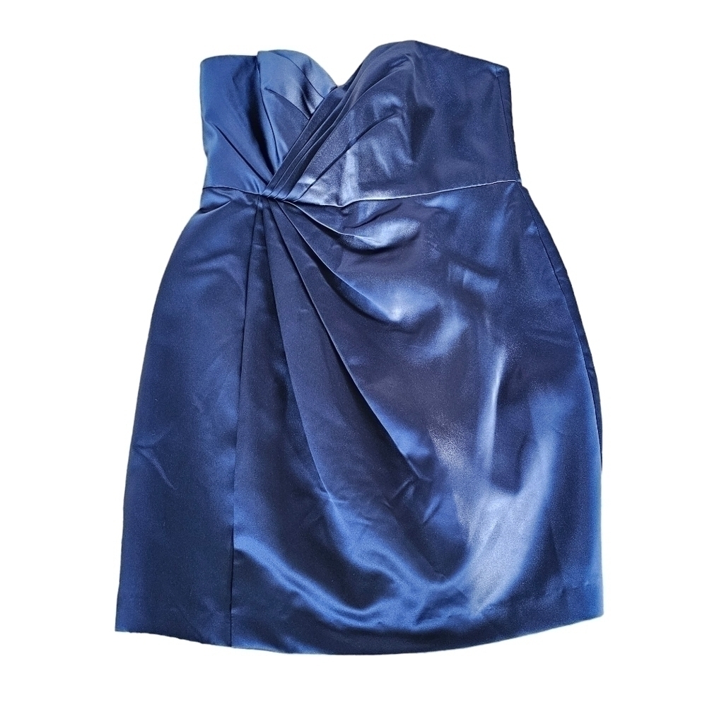 Strapless Satin Sweetheart Neckline Party Dress in Dark Blue, Size Medium